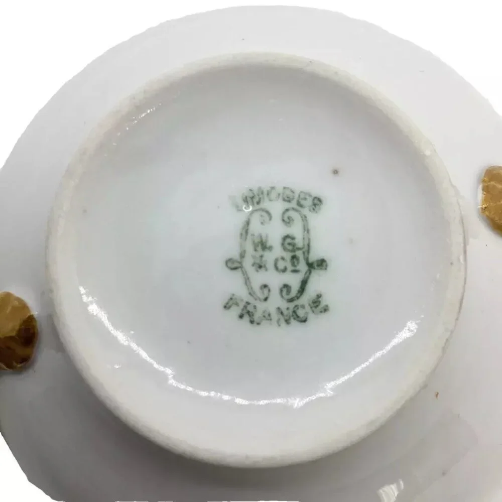 2 Limoges France W.G. & Co. Footed Bouillion Soup Cups Gold Bands Pattern GUE119